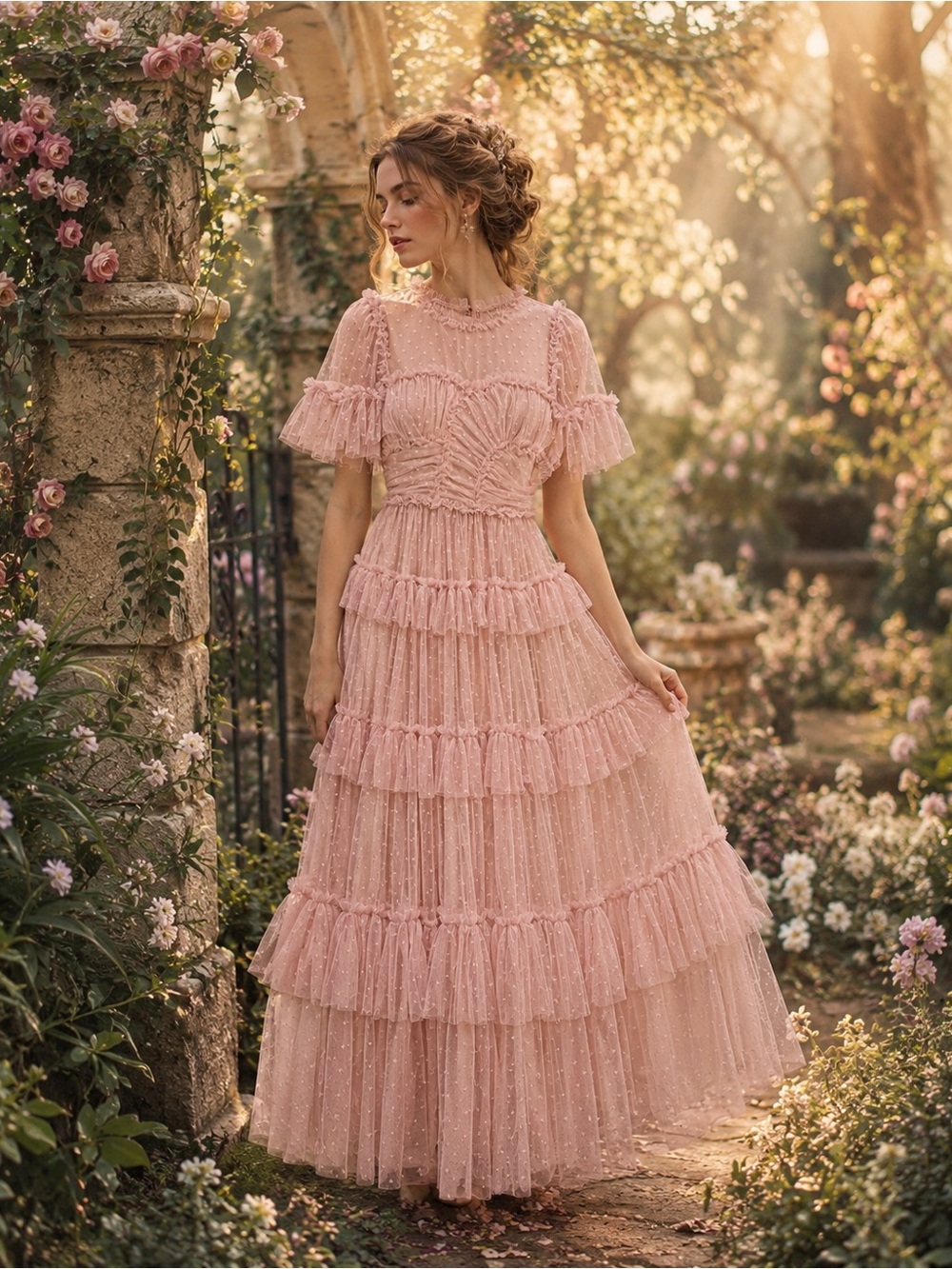 Whimsical Dress in Blush Ruffled Lace Maxi Dress Size Small